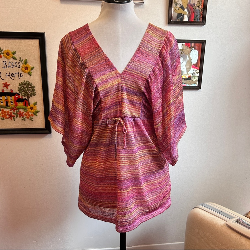 Vintage Y2K Rainbow Kimono Sleeve Top L’equipe Boho Festival Open Knit Blouse